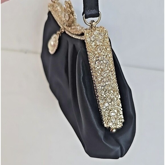 Kate Landry Black Satin With Rhinestone Trim Evening Bag Clutch Crown Queen - Picture 3 of 8